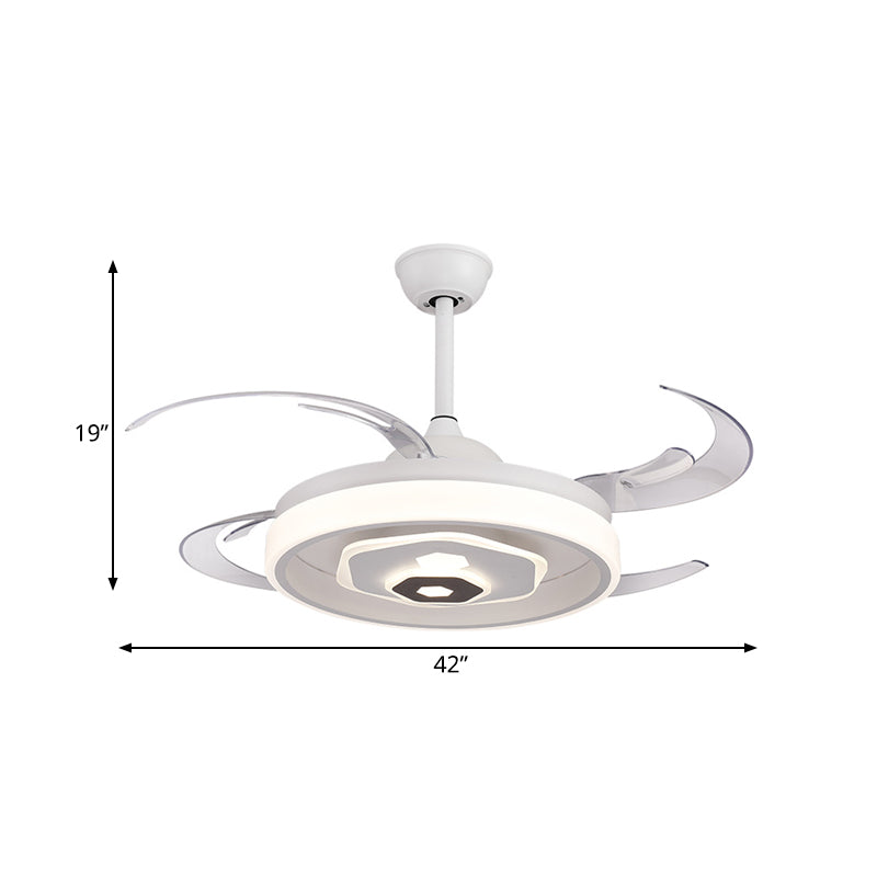 LED Ceiling Fan Lighting Simple Bedroom Semi Flush Light Fixture with Round Acrylic Shade in White with 4 Clear Blades, 42