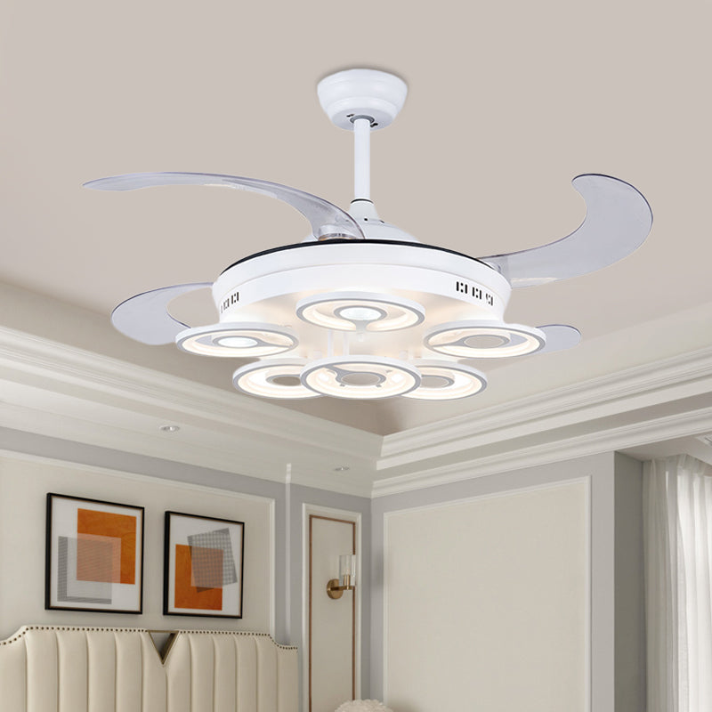 Circle Acrylic Pendant Fan Lamp Nordic LED Bedroom Semi Flush Mount Lighting in White with 4 Clear Blades, 42