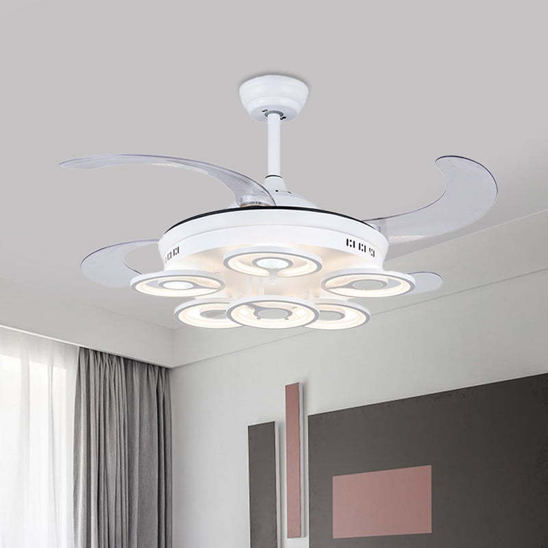 Circle Acrylic Pendant Fan Lamp Nordic LED Bedroom Semi Flush Mount Lighting in White with 4 Clear Blades, 42