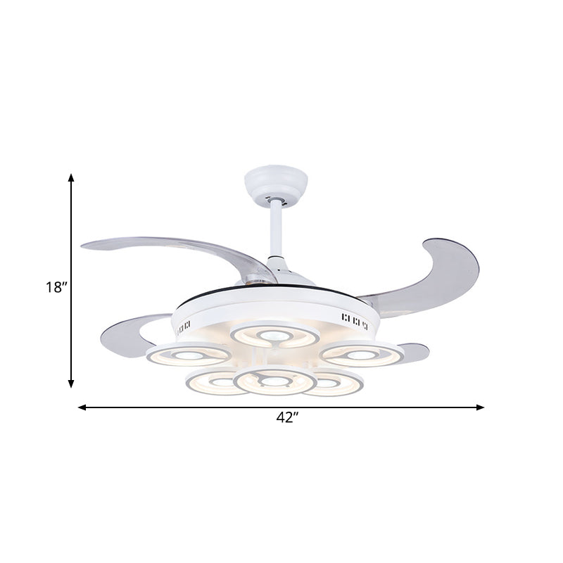 Circle Acrylic Pendant Fan Lamp Nordic LED Bedroom Semi Flush Mount Lighting in White with 4 Clear Blades, 42