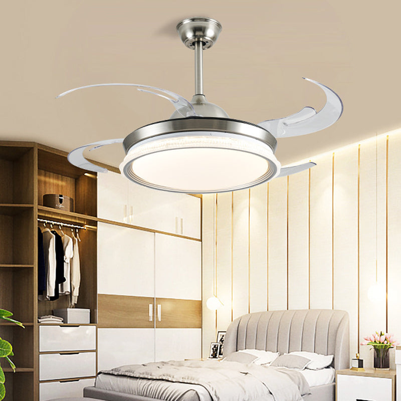 Acrylic Ring Ceiling Fan Lighting Contemporary LED Dining Room Semi Flush Mount Light in Silver with 4 Clear Blades, 42