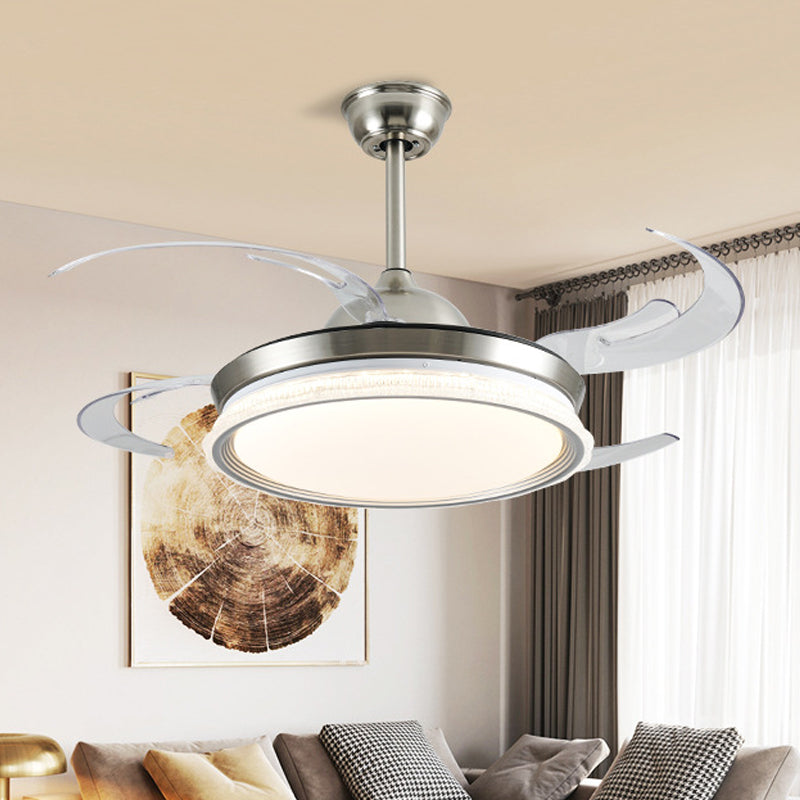 Acrylic Ring Ceiling Fan Lighting Contemporary LED Dining Room Semi Flush Mount Light in Silver with 4 Clear Blades, 42