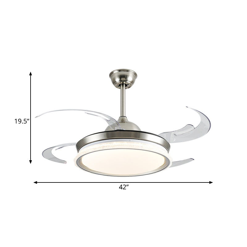 Acrylic Ring Ceiling Fan Lighting Contemporary LED Dining Room Semi Flush Mount Light in Silver with 4 Clear Blades, 42