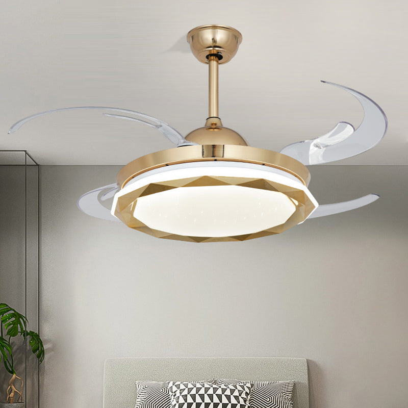 Circular Bedroom Hanging Fan Lighting Simplicity Acrylic LED Gold Semi Flush Mount Light with 8 Clear Blades, 42