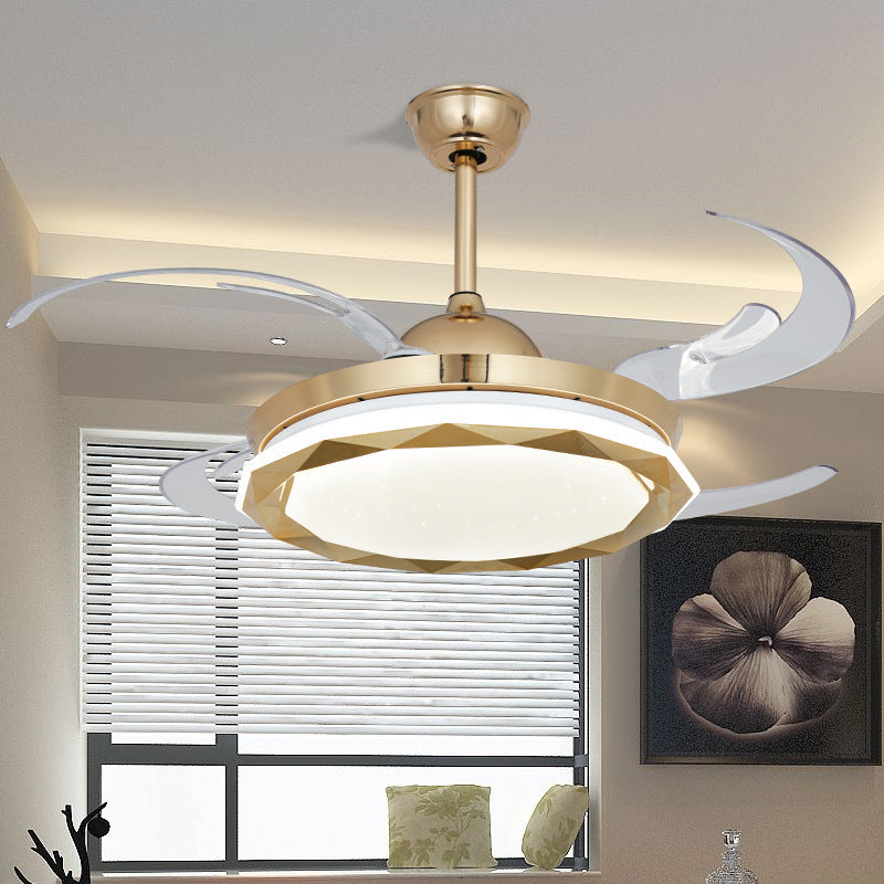 Circular Bedroom Hanging Fan Lighting Simplicity Acrylic LED Gold Semi Flush Mount Light with 8 Clear Blades, 42