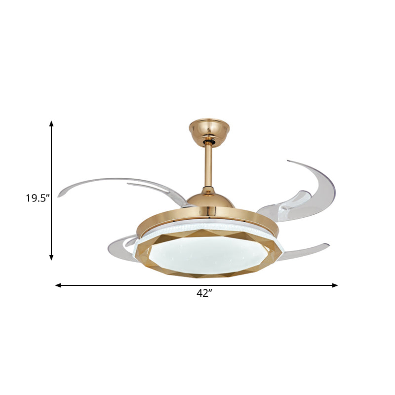 Circular Bedroom Hanging Fan Lighting Simplicity Acrylic LED Gold Semi Flush Mount Light with 8 Clear Blades, 42