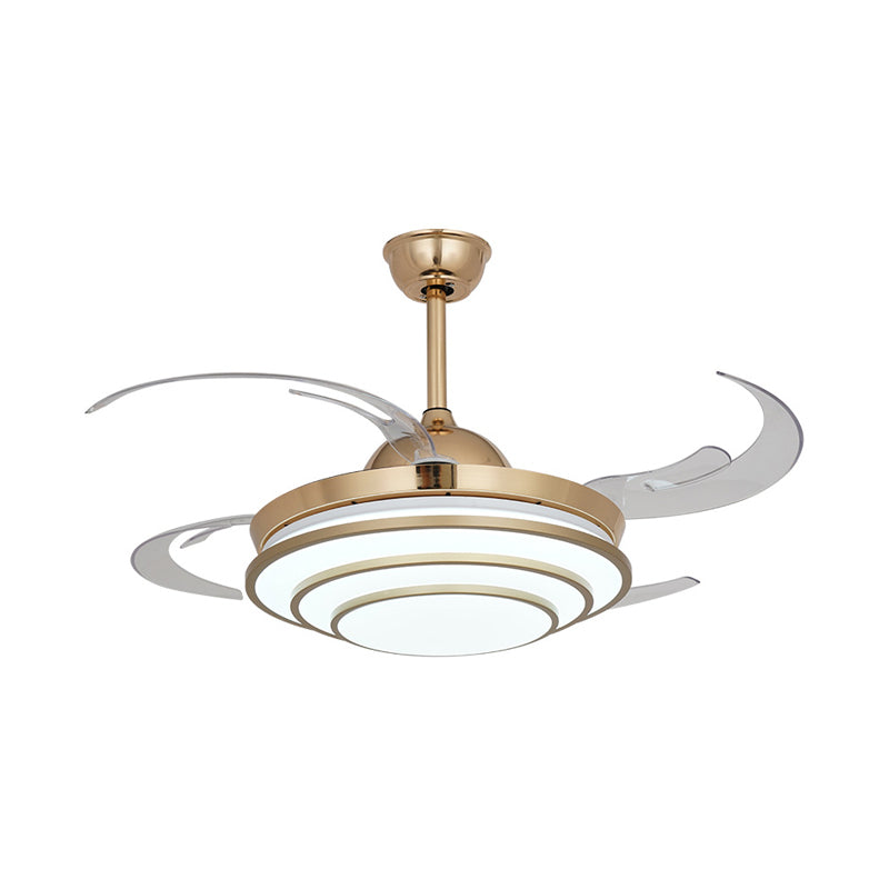 Minimalism Circle Fan Light LED Metal 4 Clear Blades Semi Flush Mount Ceiling Fixture in Gold for Living Room, 42