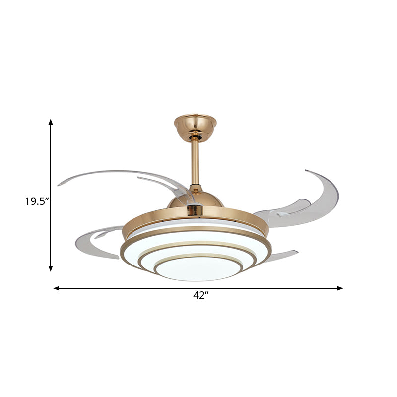 Minimalism Circle Fan Light LED Metal 4 Clear Blades Semi Flush Mount Ceiling Fixture in Gold for Living Room, 42