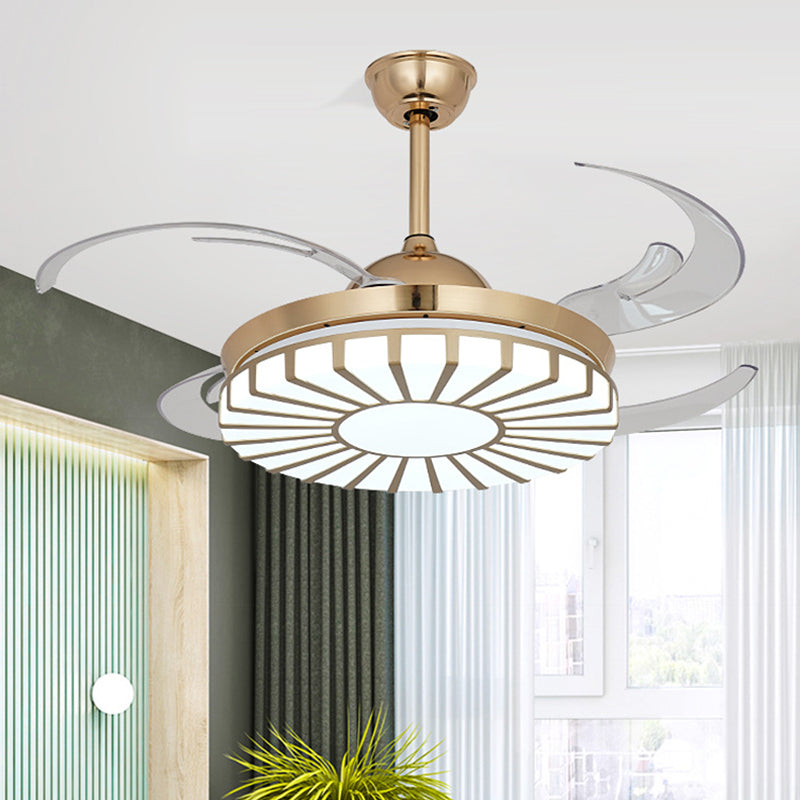 Gold LED Ceiling Fan Light Simplicity Acrylic Circular 4 Clear Blades Semi Flush Mount Lighting for Restaurant, 42