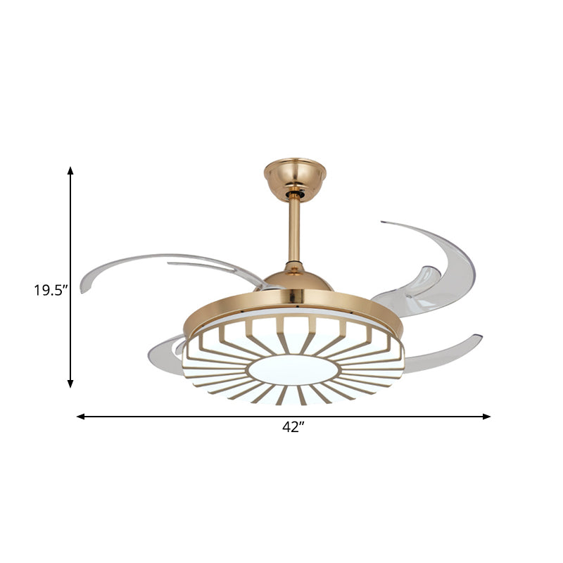 Gold LED Ceiling Fan Light Simplicity Acrylic Circular 4 Clear Blades Semi Flush Mount Lighting for Restaurant, 42