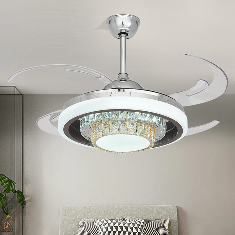 LED Metal Hanging Fan Light Modern Silver Round Living Room Semi Flush Mount Ceiling Fixture with 4 Clear Blades, 42