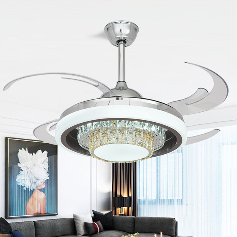 LED Metal Hanging Fan Light Modern Silver Round Living Room Semi Flush Mount Ceiling Fixture with 4 Clear Blades, 42