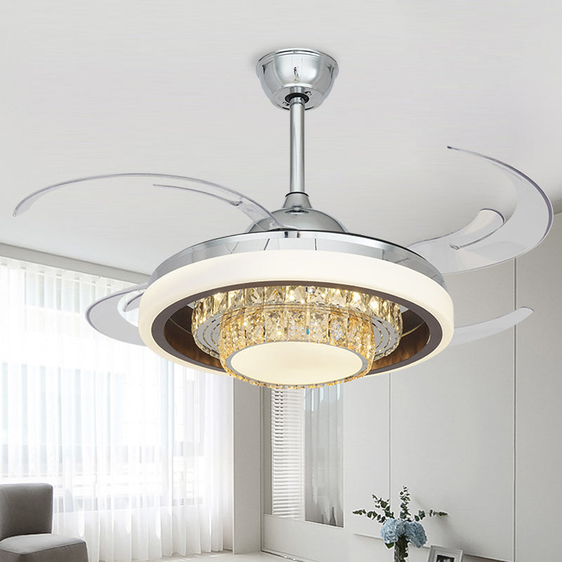 LED Metal Hanging Fan Light Modern Silver Round Living Room Semi Flush Mount Ceiling Fixture with 4 Clear Blades, 42