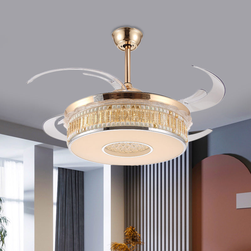 Gold Circular Hanging Fan Lighting Metal LED Bedroom Semi Flush Mount Ceiling Light with 4 Clear Blades, 42