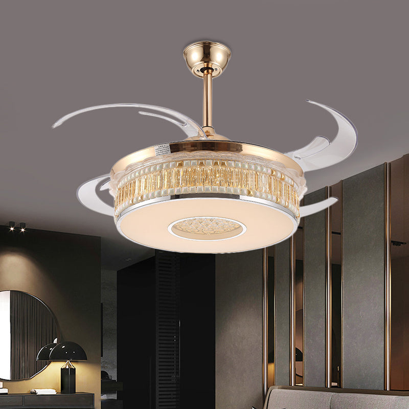 Gold Circular Hanging Fan Lighting Metal LED Bedroom Semi Flush Mount Ceiling Light with 4 Clear Blades, 42