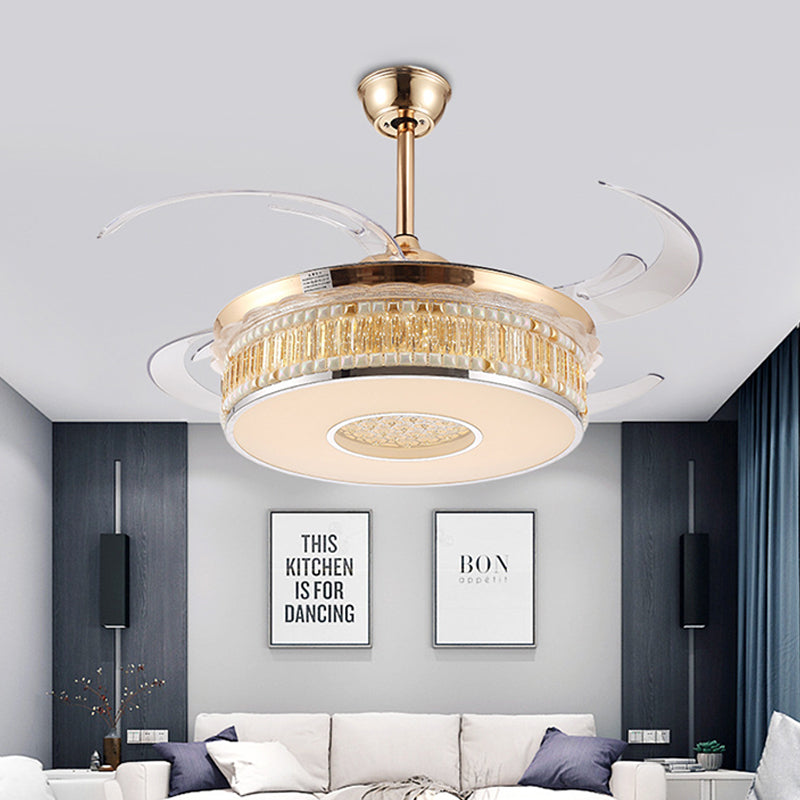 Gold Circular Hanging Fan Lighting Metal LED Bedroom Semi Flush Mount Ceiling Light with 4 Clear Blades, 42