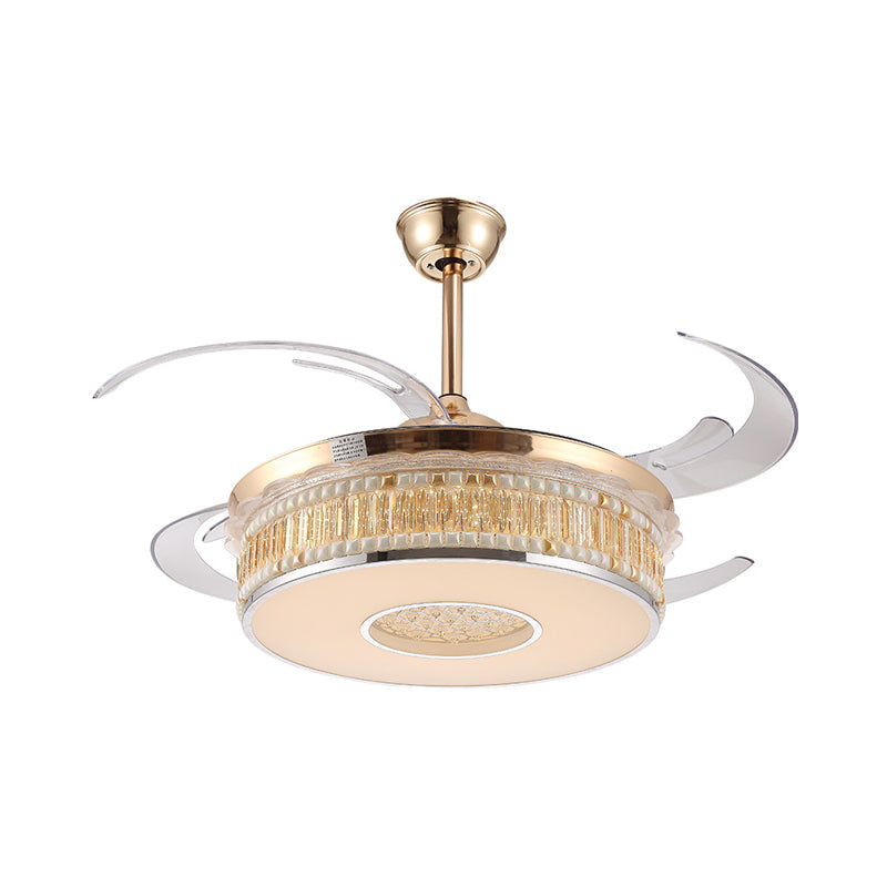 Gold Circular Hanging Fan Lighting Metal LED Bedroom Semi Flush Mount Ceiling Light with 4 Clear Blades, 42