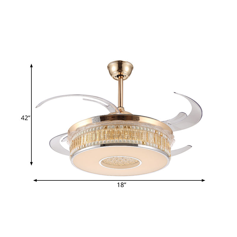 Gold Circular Hanging Fan Lighting Metal LED Bedroom Semi Flush Mount Ceiling Light with 4 Clear Blades, 42