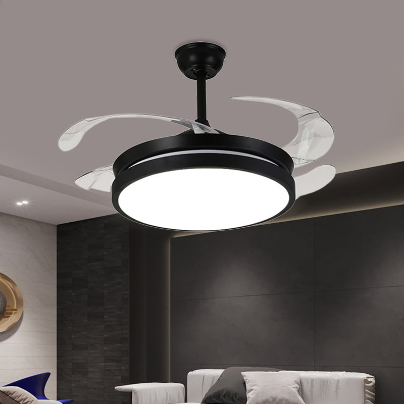 Contemporary Round Pendant Fan Lamp LED Metal 5 Clear Blades Semi Flush Light Fixture in Black for Living Room, 42