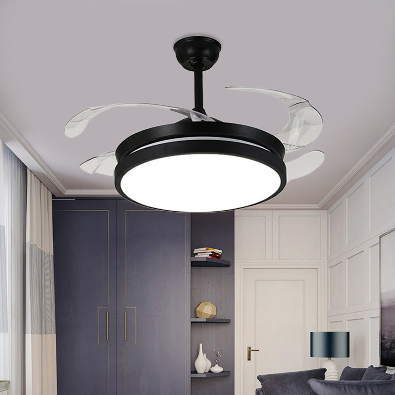 Contemporary Round Pendant Fan Lamp LED Metal 5 Clear Blades Semi Flush Light Fixture in Black for Living Room, 42