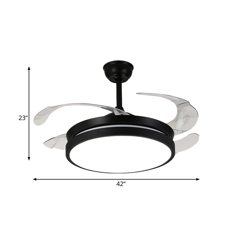 Contemporary Round Pendant Fan Lamp LED Metal 5 Clear Blades Semi Flush Light Fixture in Black for Living Room, 42