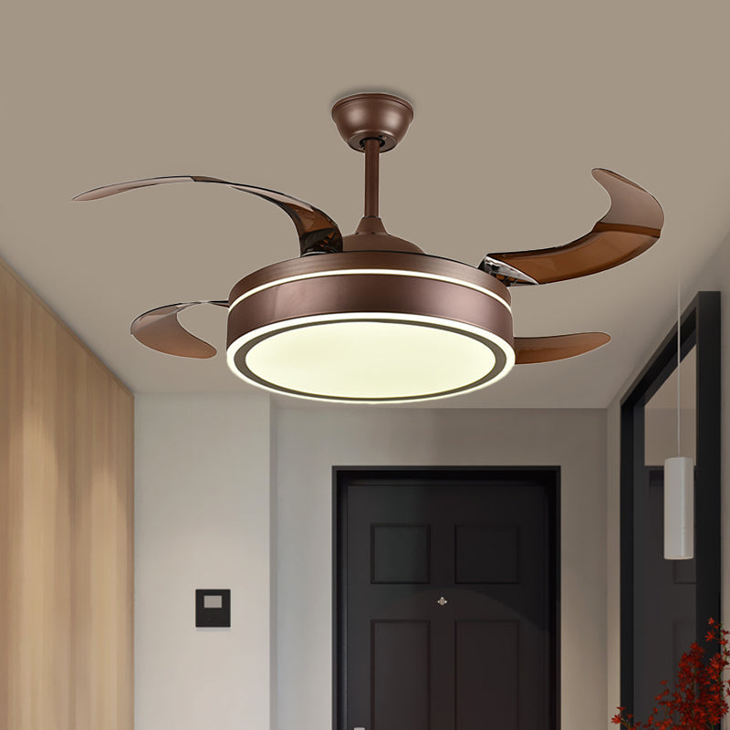 Coffee Ring Ceiling Fan Light Minimalism Acrylic LED Living Room Semi Mount Lighting with 4 Brown Blades, 42