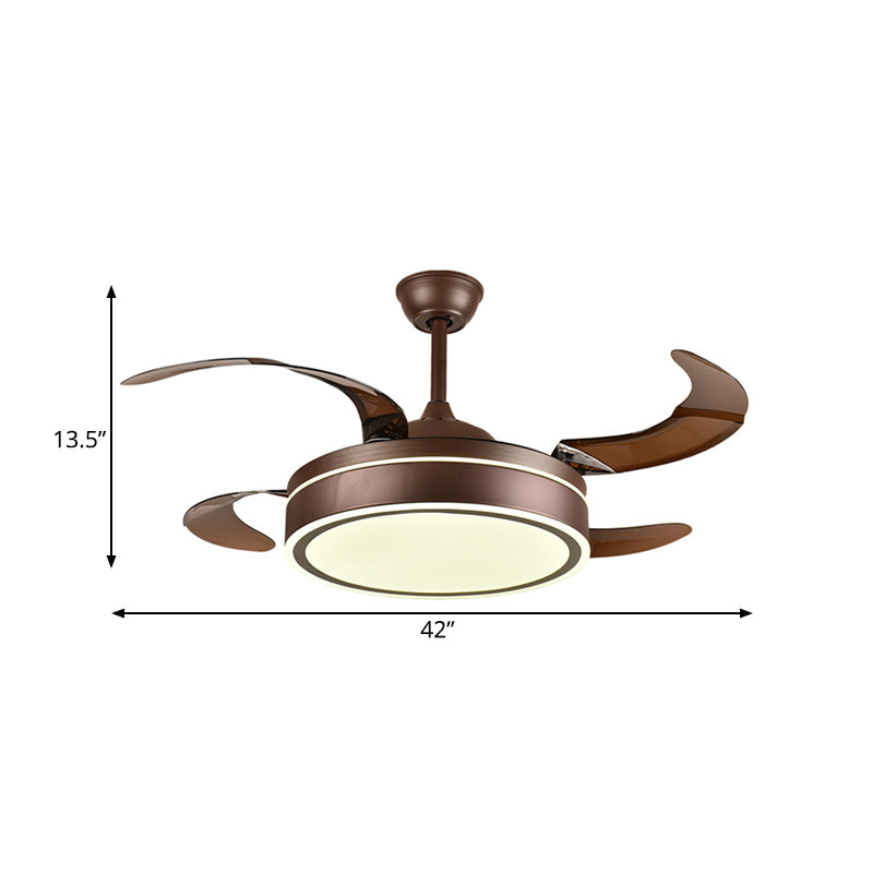 Coffee Ring Ceiling Fan Light Minimalism Acrylic LED Living Room Semi Mount Lighting with 4 Brown Blades, 42