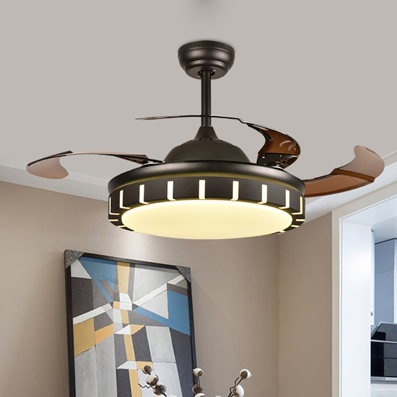 Metal Black Hanging Fan Light Circle LED Minimalist 4 Brown Blades Semi Flush Mount Ceiling Fixture with 4 Brown Blades for Bedroom, 36