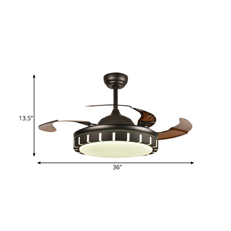 Metal Black Hanging Fan Light Circle LED Minimalist 4 Brown Blades Semi Flush Mount Ceiling Fixture with 4 Brown Blades for Bedroom, 36