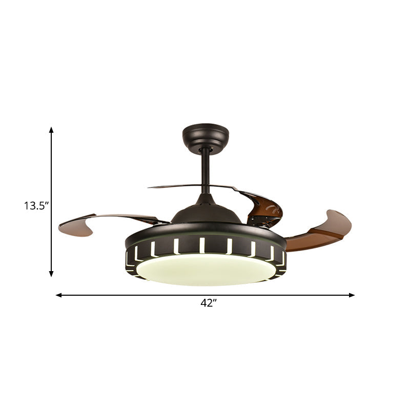 Metal Black Hanging Fan Light Circle LED Minimalist 4 Brown Blades Semi Flush Mount Ceiling Fixture with 4 Brown Blades for Bedroom, 36