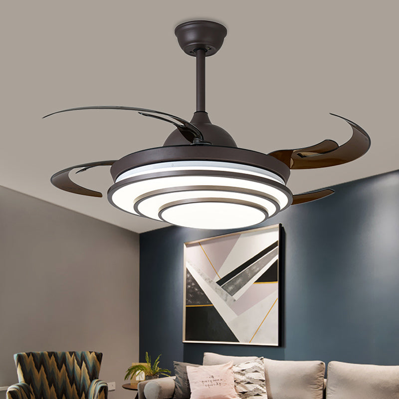 Circle Acrylic Ceiling Fan Light Modern LED Living Room Semi Flush Mount in Dark Coffee with 4 Brown Blades, 42