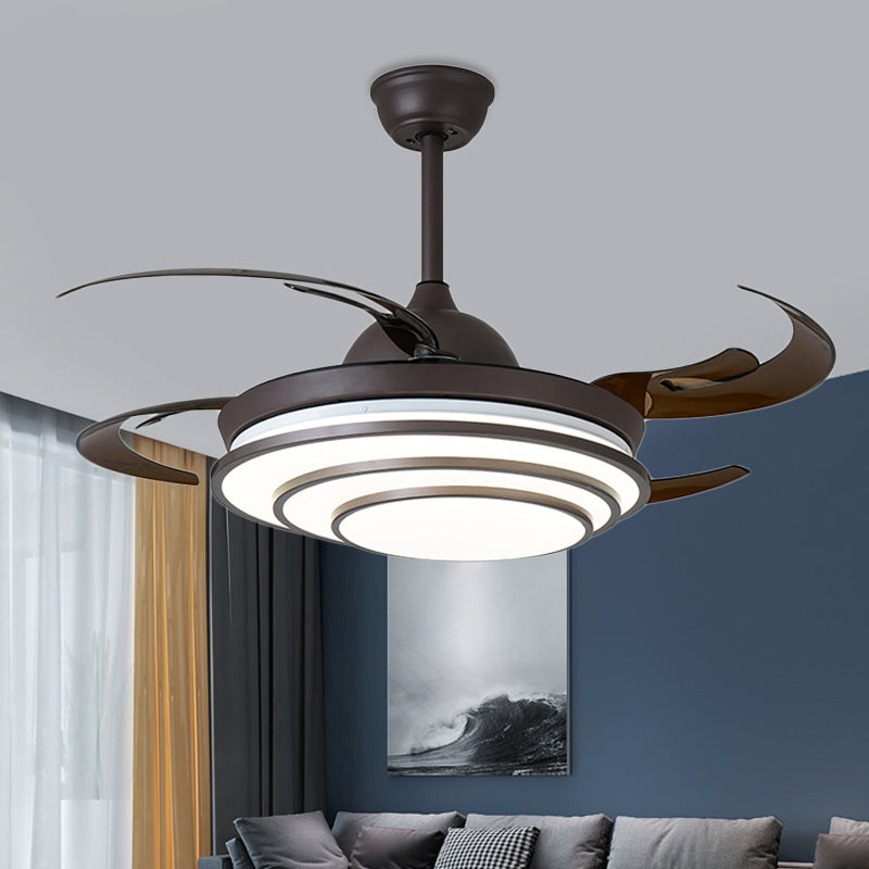 Circle Acrylic Ceiling Fan Light Modern LED Living Room Semi Flush Mount in Dark Coffee with 4 Brown Blades, 42