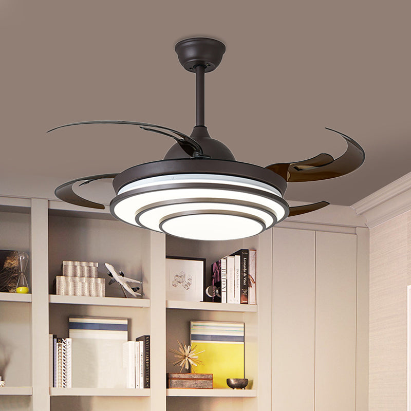 Circle Acrylic Ceiling Fan Light Modern LED Living Room Semi Flush Mount in Dark Coffee with 4 Brown Blades, 42