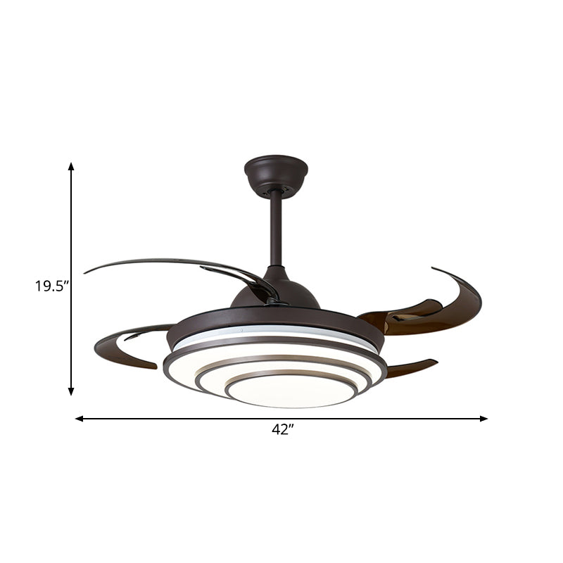 Circle Acrylic Ceiling Fan Light Modern LED Living Room Semi Flush Mount in Dark Coffee with 4 Brown Blades, 42