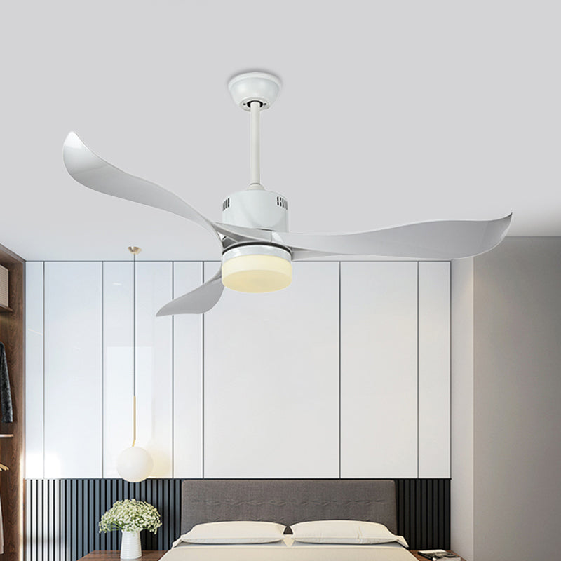 White Circular Hanging Fan Light Contemporary Metal LED Living Room Semi Flush Mount Ceiling Fixture with 3 Blades, 52