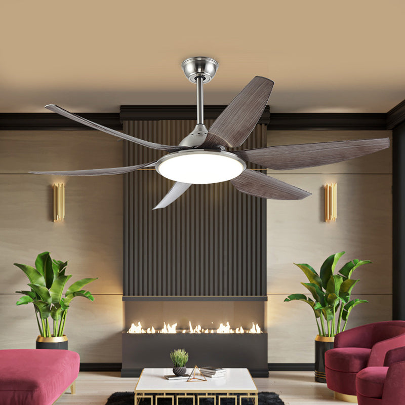 Circle Metal Hanging Fan Lamp Contemporary LED Living Room Semi Flush Ceiling Light Fixture in Nickle with 6 Blades, 55.5