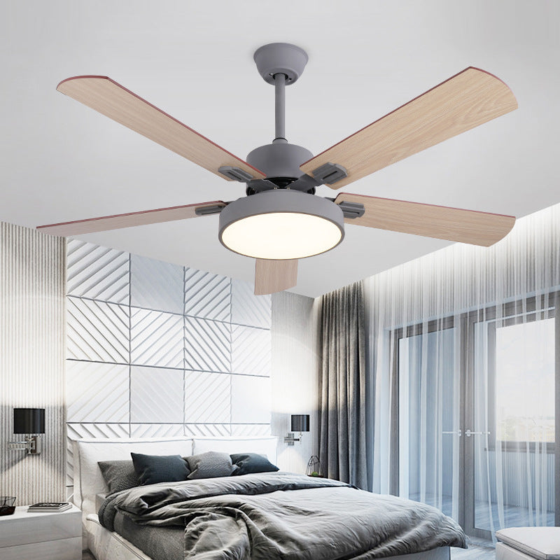 Circle Bedroom Ceiling Fan Lighting Modernism Metal LED Grey/White Semi Flush Mount Light Fixture with 5 Wood Blades, 52