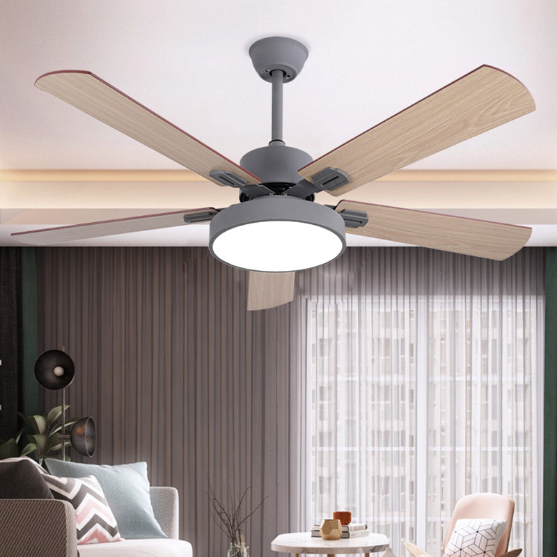 Circle Bedroom Ceiling Fan Lighting Modernism Metal LED Grey/White Semi Flush Mount Light Fixture with 5 Wood Blades, 52