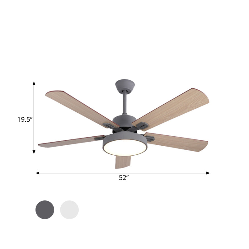 Circle Bedroom Ceiling Fan Lighting Modernism Metal LED Grey/White Semi Flush Mount Light Fixture with 5 Wood Blades, 52