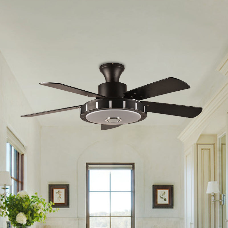 Round Metal Hanging Fan Lighting Retro Dining Room LED Semi Flush Ceiling Lamp in Black with 5 Blades, 32