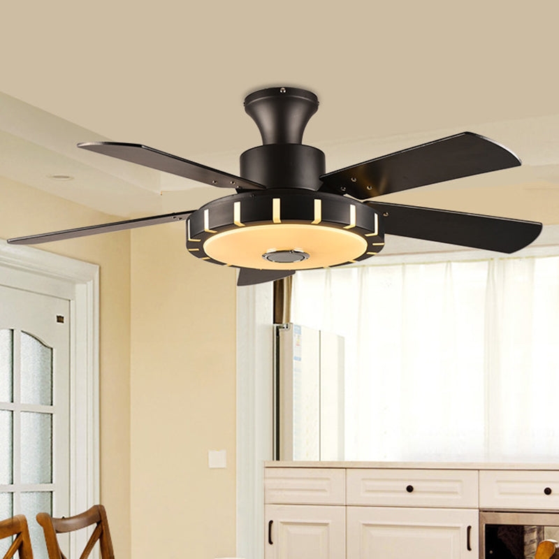 Round Metal Hanging Fan Lighting Retro Dining Room LED Semi Flush Ceiling Lamp in Black with 5 Blades, 32