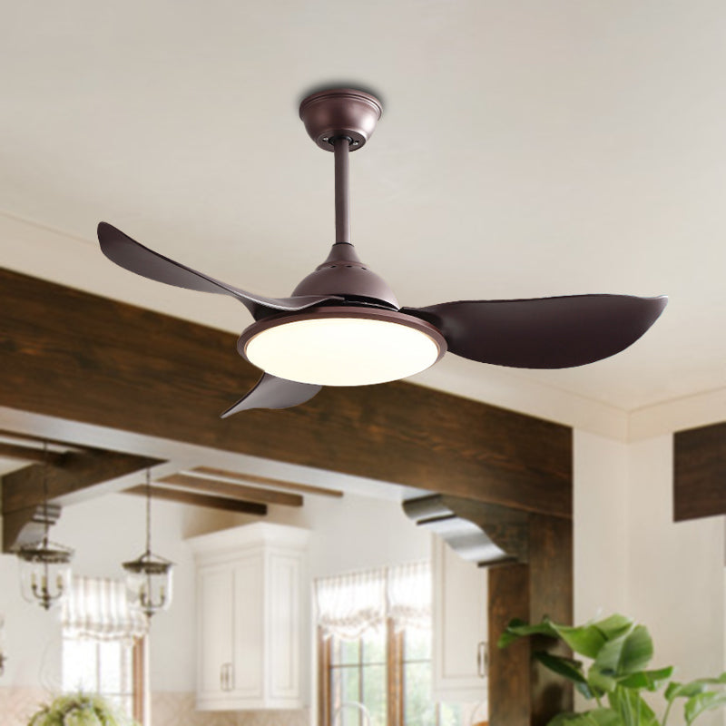 Brown Ring Semi Flush Ceiling Lamp Vintage Iron Living Room LED Hanging Fan Light with 3 ABS Blades, 42