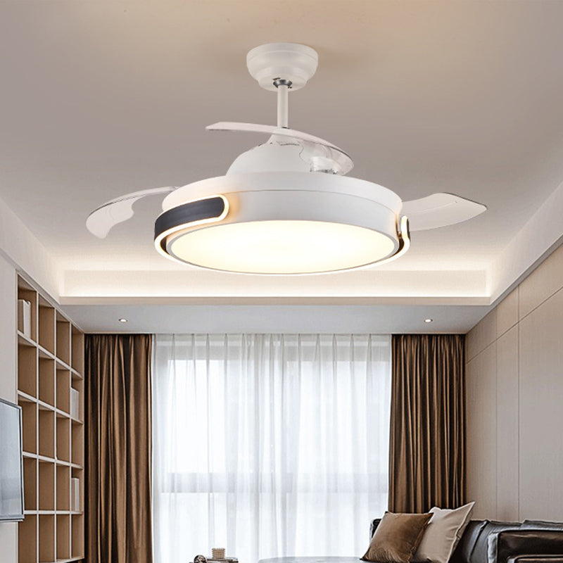 Acrylic Drum 3 Blades Pendant Fan Light Modern Living Room LED Semi Flush Mount Lamp in White with Remote Control, 36