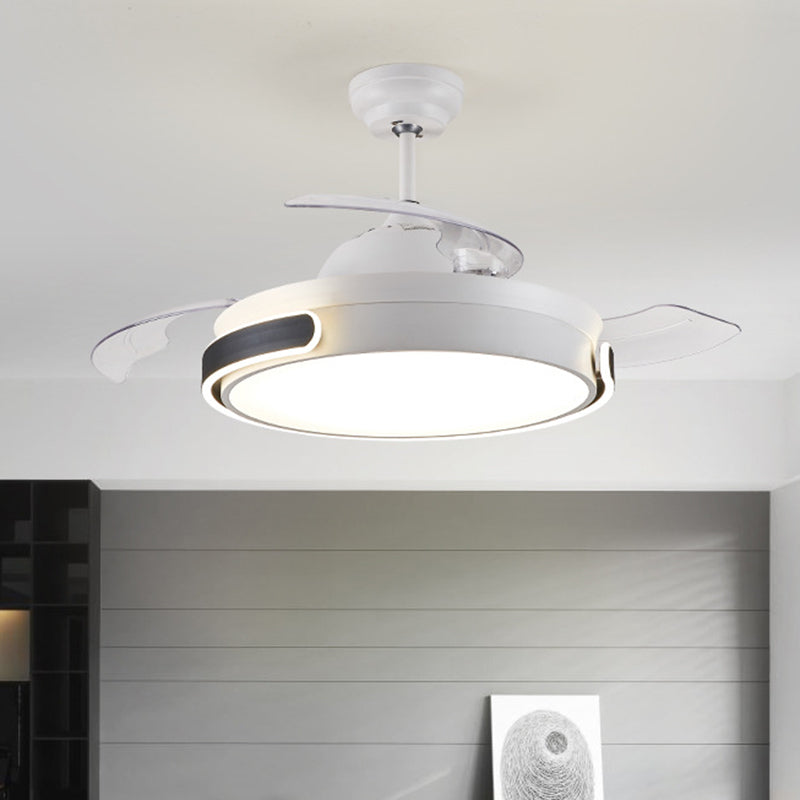 Acrylic Drum 3 Blades Pendant Fan Light Modern Living Room LED Semi Flush Mount Lamp in White with Remote Control, 36