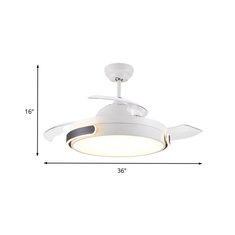 Acrylic Drum 3 Blades Pendant Fan Light Modern Living Room LED Semi Flush Mount Lamp in White with Remote Control, 36