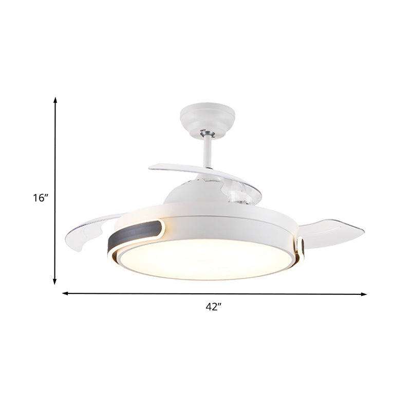 Acrylic Drum 3 Blades Pendant Fan Light Modern Living Room LED Semi Flush Mount Lamp in White with Remote Control, 36