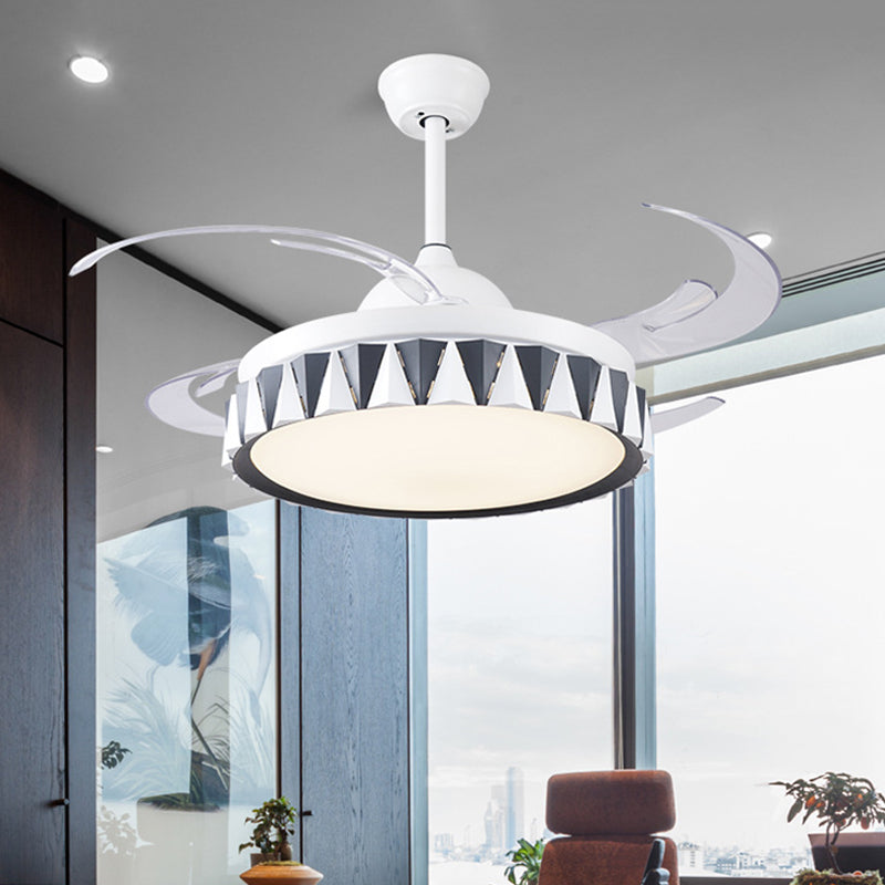 Kids Drum Pendant Fan Lighting Metallic Bedroom 4 Blades LED Semi Flushmount in White with Acrylic Shade, 47