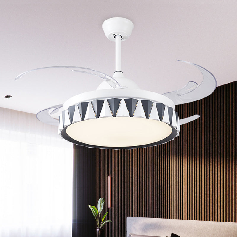 Kids Drum Pendant Fan Lighting Metallic Bedroom 4 Blades LED Semi Flushmount in White with Acrylic Shade, 47