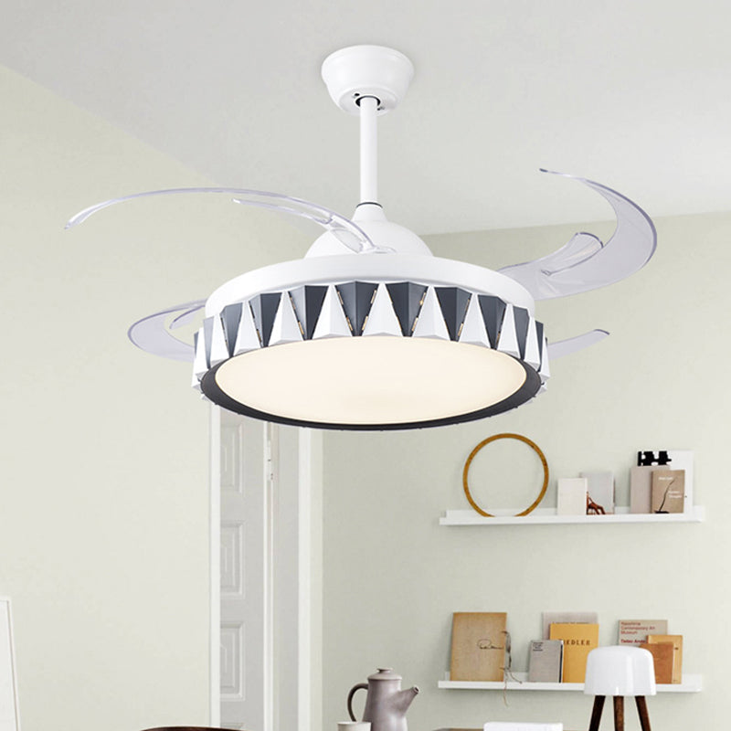 Kids Drum Pendant Fan Lighting Metallic Bedroom 4 Blades LED Semi Flushmount in White with Acrylic Shade, 47