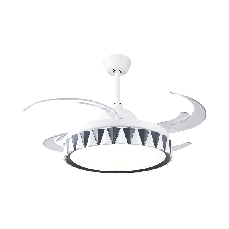 Kids Drum Pendant Fan Lighting Metallic Bedroom 4 Blades LED Semi Flushmount in White with Acrylic Shade, 47